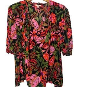 Terra & Sky Top Women's Size 1x Floral Colorful Peasant Ruffle Tie Front